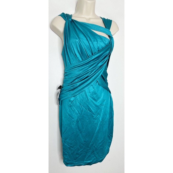 Bebe Womens Wrap And TWIST Glam Teal Shine Strappy DRESS SIZE Medium New - Picture 3 of 12